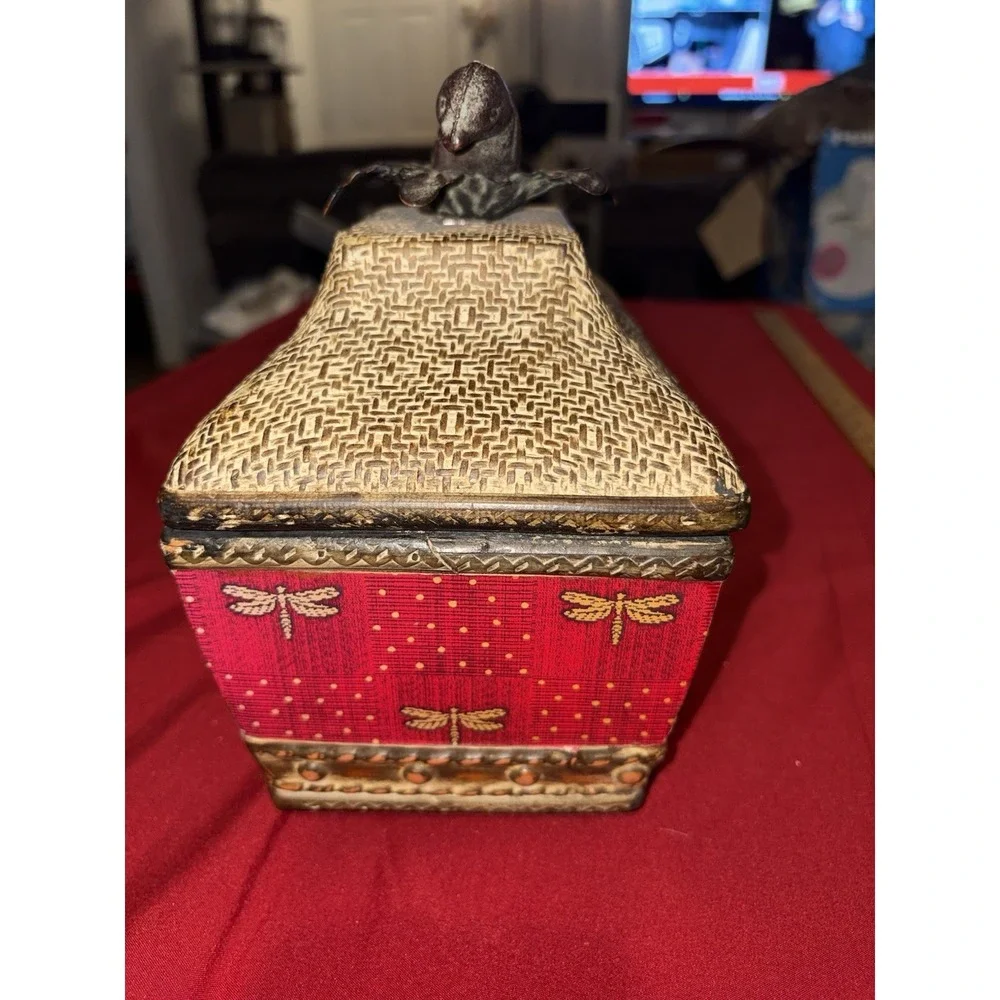 Vintage Decorative Trinket Box Red Dragonfly Basketweave Metal Bird Handle Large